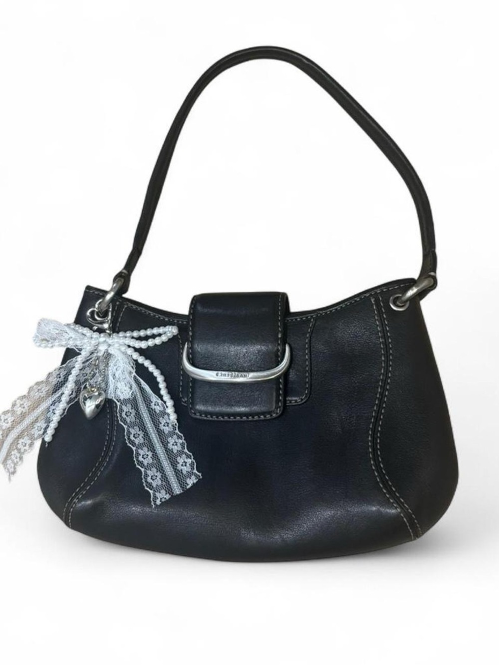 Cole Haan Black Leather Shoulder Bag with Lace Bow Charm